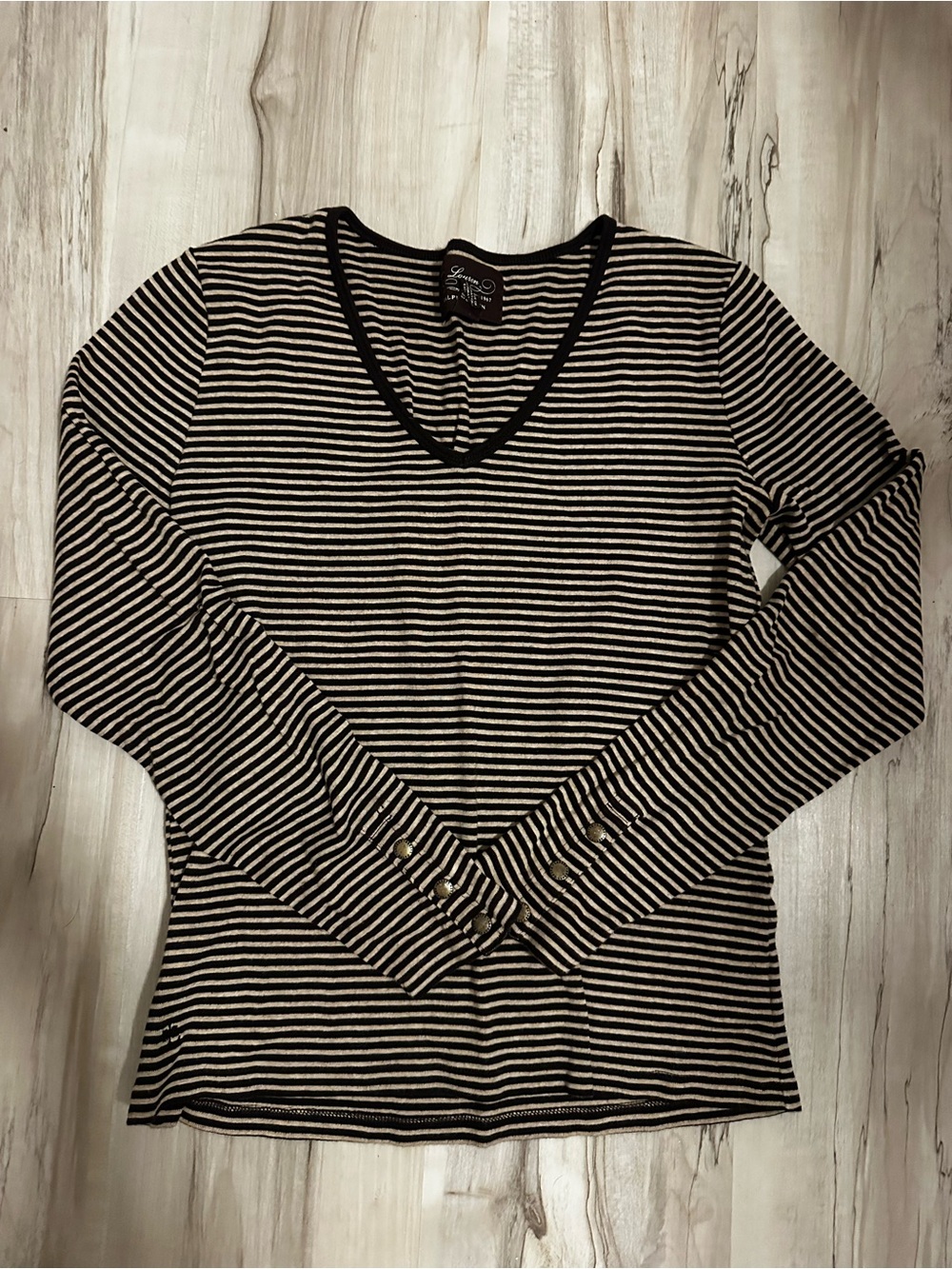 Ralph Lauren Black & Cream Striped V-Neck Long Sleeve Top